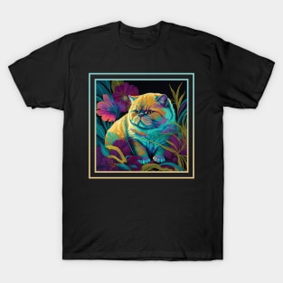 Hungry Exotic Shorthair Cat Floral Vibrant Tropical Digital Oil Painting Portrait T-Shirt